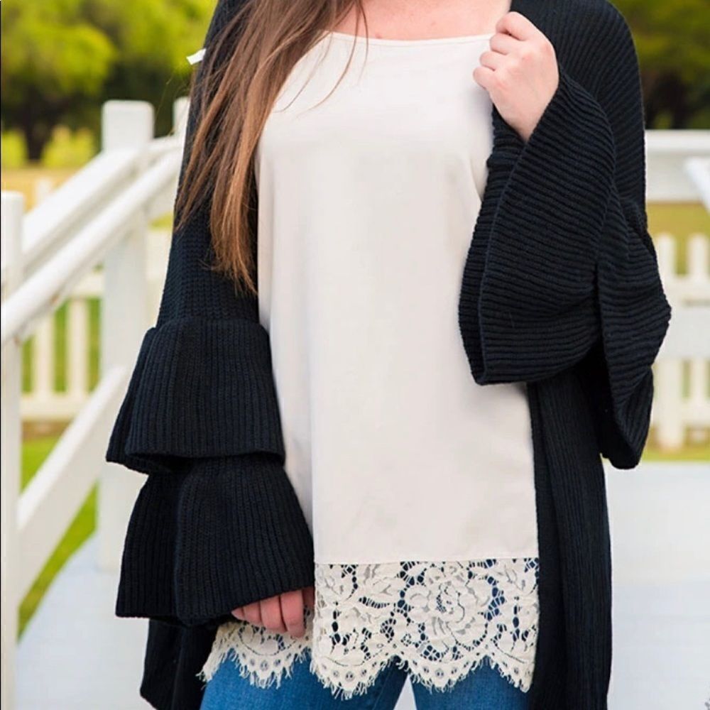 THML Ruffle Bell Sleeve Cableknit Open Cardigan